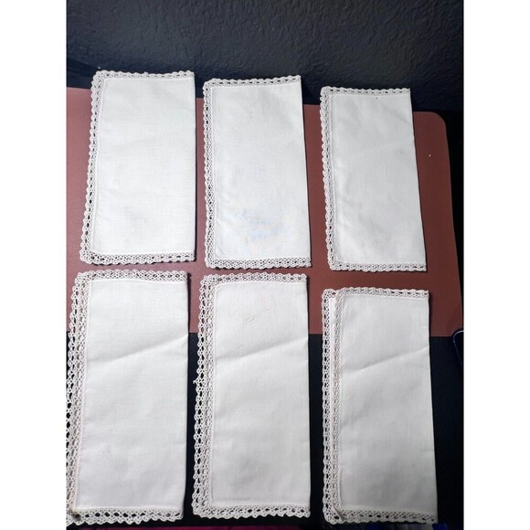 Vintage Handmade White Linen Embroidered 11 " Napkins Lace Trim Set of 6 - Picture 2 of 11